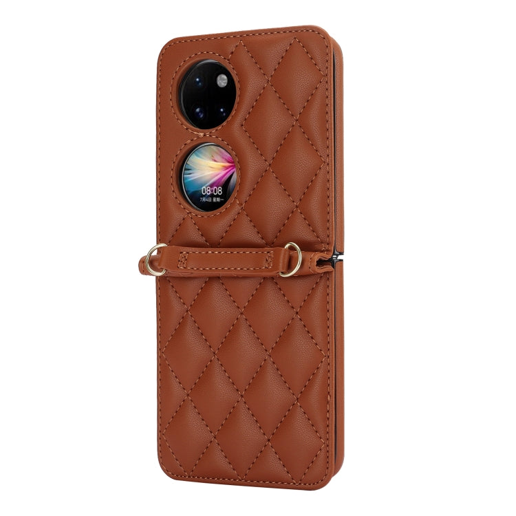 For Huawei P50 Pocket Rhombic Texture Card Bag Phone Case with Dual Lanyard(Brown) - Huawei Cases by PMC TechLife | Online Shopping South Africa | PMC TechLife | Buy Now Pay Later Mobicred