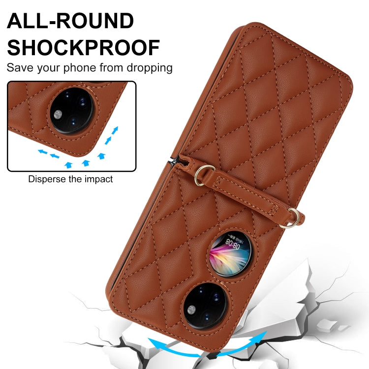 For Huawei P50 Pocket Rhombic Texture Card Bag Phone Case with Dual Lanyard(Brown) - Huawei Cases by PMC TechLife | Online Shopping South Africa | PMC TechLife | Buy Now Pay Later Mobicred