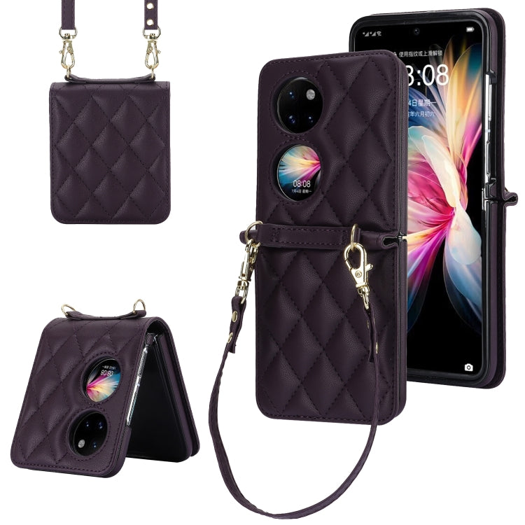 For Huawei P50 Pocket Rhombic Texture Card Bag Phone Case with Dual Lanyard(Dark Purple) - free shipping - PMC TechLife - Order now!