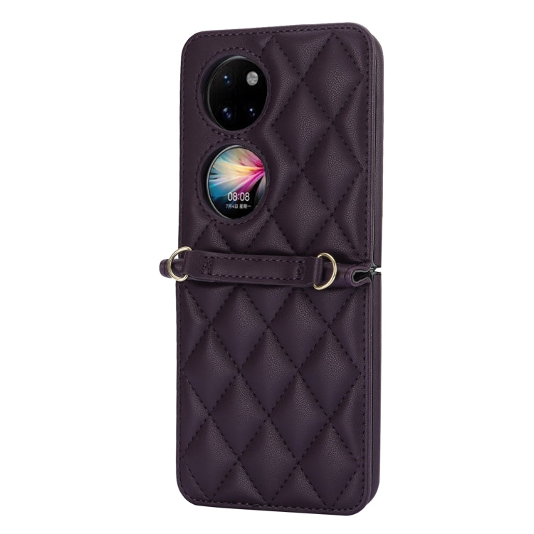For Huawei P50 Pocket Rhombic Texture Card Bag Phone Case with Dual Lanyard(Dark Purple) - free shipping - PMC TechLife - Order now!