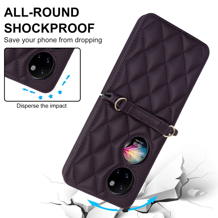 For Huawei P50 Pocket Rhombic Texture Card Bag Phone Case with Dual Lanyard(Dark Purple) - free shipping - PMC TechLife - Order now!