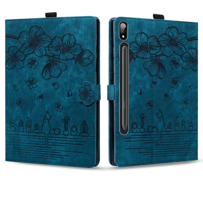 For Samsung Galaxy Tab S9+ /S8+ /S7+ Cartoon Sakura Cat Embossed Smart Leather Tablet Case(Blue) - Galaxy Tab S9+ Cases by PMC Jewellery | Online Shopping South Africa | PMC Jewellery | Buy Now Pay Later Mobicred