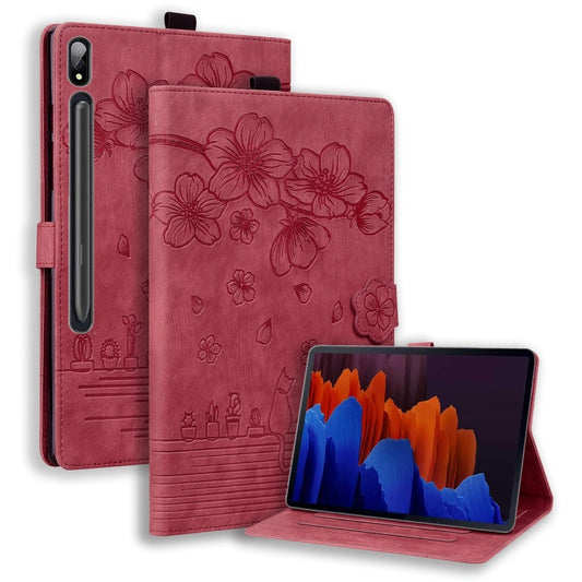 For Samsung Galaxy Tab S9 Ultra /S8 Ultra Cartoon Sakura Cat Embossed Leather Tablet Case(Red) - Galaxy Tab S9 Ultra Cases by PMC Jewellery | Online Shopping South Africa | PMC Jewellery | Buy Now Pay Later Mobicred