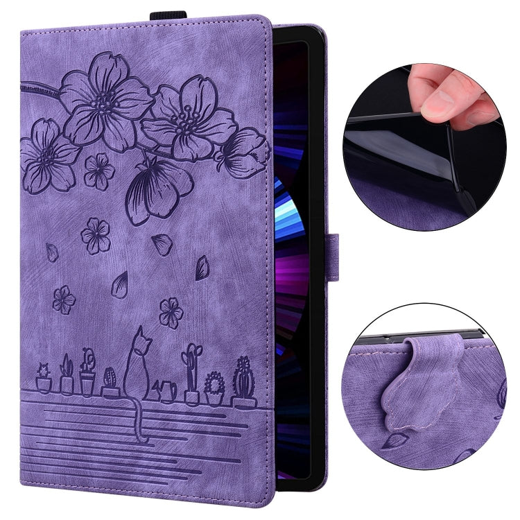 For Samsung Galaxy Tab A9 Cartoon Sakura Cat Embossed Leather Tablet Case(Purple) - Galaxy Tab A9 by PMC Jewellery | Online Shopping South Africa | PMC Jewellery