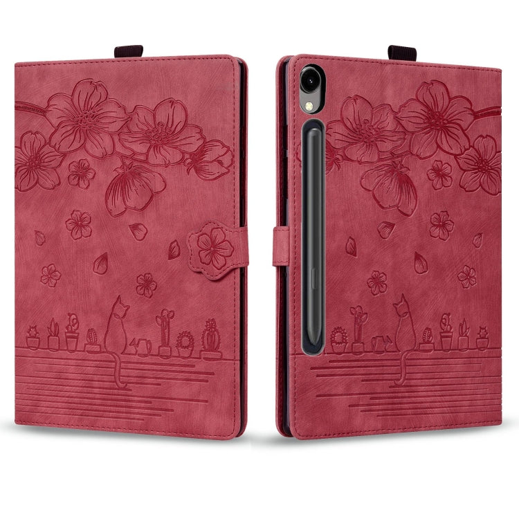 For Samsung Galaxy Tab S9 FE Cartoon Sakura Cat Embossed Leather Tablet Case(Red) - Galaxy Tab S9 FE by PMC Jewellery | Online Shopping South Africa | PMC Jewellery | Buy Now Pay Later Mobicred