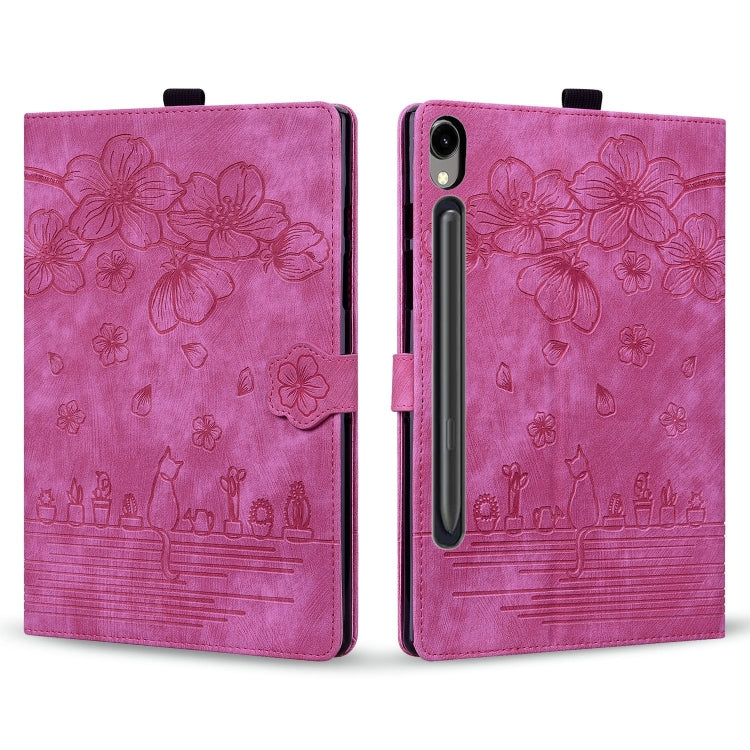 For Samsung Galaxy Tab S9 FE+ Cartoon Sakura Cat Embossed Leather Tablet Case(Rose Red) - Galaxy Tab S9 FE+ by PMC Jewellery | Online Shopping South Africa | PMC Jewellery | Buy Now Pay Later Mobicred