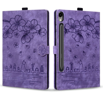 For Samsung Galaxy Tab S9 FE+ Cartoon Sakura Cat Embossed Leather Tablet Case(Purple) - Galaxy Tab S9 FE+ by PMC Jewellery | Online Shopping South Africa | PMC Jewellery | Buy Now Pay Later Mobicred