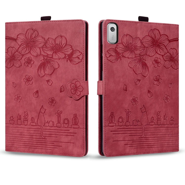 For Lenovo Tab M9 Cartoon Sakura Cat Embossed Leather Tablet Case(Red) - Lenovo by PMC TechLife | Online Shopping South Africa | PMC TechLife | Buy Now Pay Later Mobicred