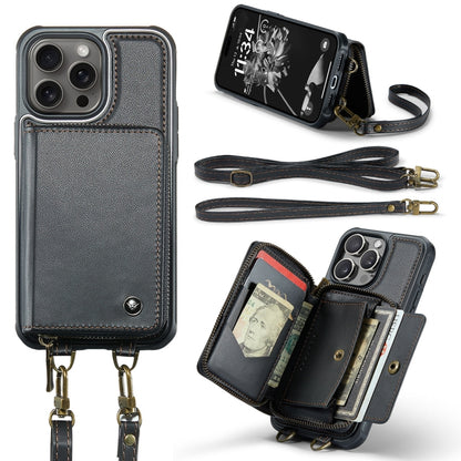 For iPhone 16 Pro Max JEEHOOD C22 Series Zipper Wallet Leather Phone Case with Dual Lanyard(Black) - iPhone 16 Pro Max Cases by JEEHOOD | Online Shopping South Africa | PMC Jewellery | Buy Now Pay Later Mobicred