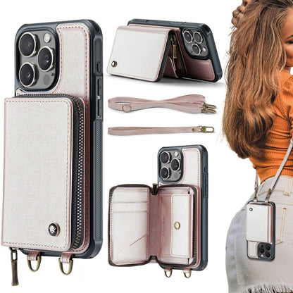 For iPhone 16 Pro Max JEEHOOD C22 Series Zipper Wallet Leather Phone Case with Dual Lanyard(Rose Gold) - iPhone 16 Pro Max Cases by JEEHOOD | Online Shopping South Africa | PMC Jewellery | Buy Now Pay Later Mobicred