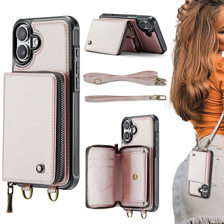For iPhone 16 Plus JEEHOOD C22 Series Zipper Wallet Leather Phone Case with Dual Lanyard(Rose Gold) - free shipping - PMC Jewellery - Order now!