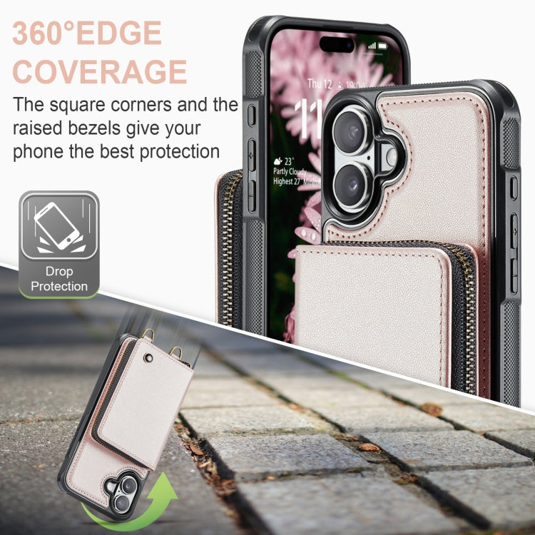 For iPhone 16 Plus JEEHOOD C22 Series Zipper Wallet Leather Phone Case with Dual Lanyard(Rose Gold) - free shipping - PMC Jewellery - Order now!