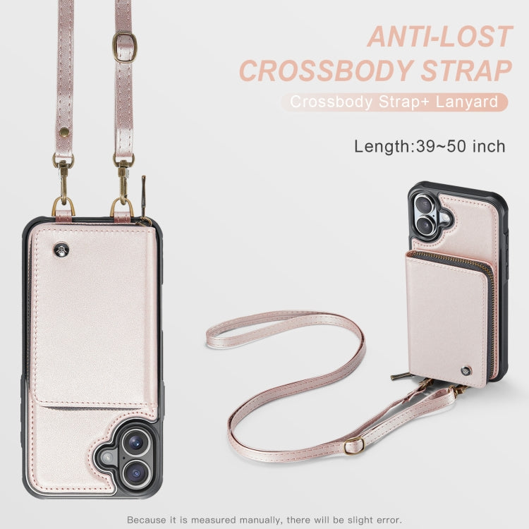 For iPhone 16 Plus JEEHOOD C22 Series Zipper Wallet Leather Phone Case with Dual Lanyard(Rose Gold) - free shipping - PMC Jewellery - Order now!