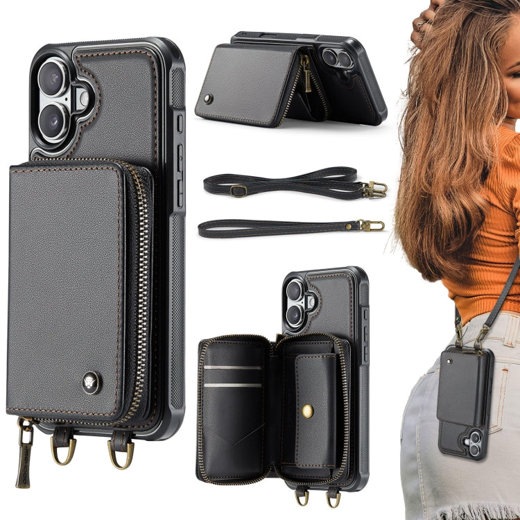 For iPhone 16 JEEHOOD C22 Series Zipper Wallet Leather Phone Case with Dual Lanyard(Black) - iPhone 16 Cases by JEEHOOD | Online Shopping South Africa | PMC Jewellery | Buy Now Pay Later Mobicred