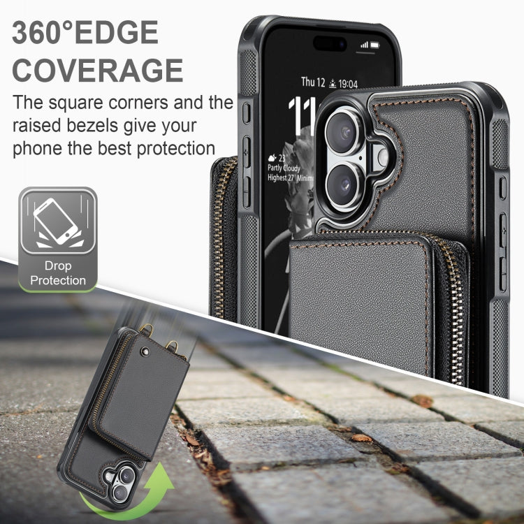 For iPhone 16 JEEHOOD C22 Series Zipper Wallet Leather Phone Case with Dual Lanyard(Black) - iPhone 16 Cases by JEEHOOD | Online Shopping South Africa | PMC Jewellery | Buy Now Pay Later Mobicred