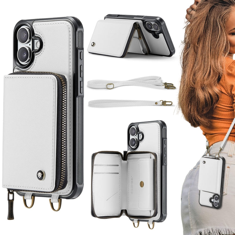 For iPhone 16 JEEHOOD C22 Series Zipper Wallet Leather Phone Case with Dual Lanyard(White) - iPhone 16 Cases by JEEHOOD | Online Shopping South Africa | PMC Jewellery | Buy Now Pay Later Mobicred