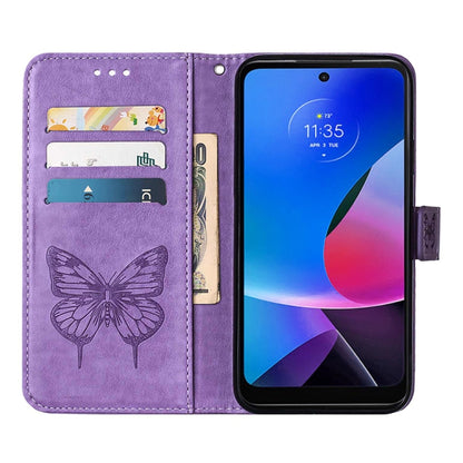 For Motorola Moto G Play 4G 2024 Embossed Butterfly Leather Phone Case(Purple) - Motorola Cases by PMC Jewellery | Online Shopping South Africa | PMC Jewellery | Buy Now Pay Later Mobicred