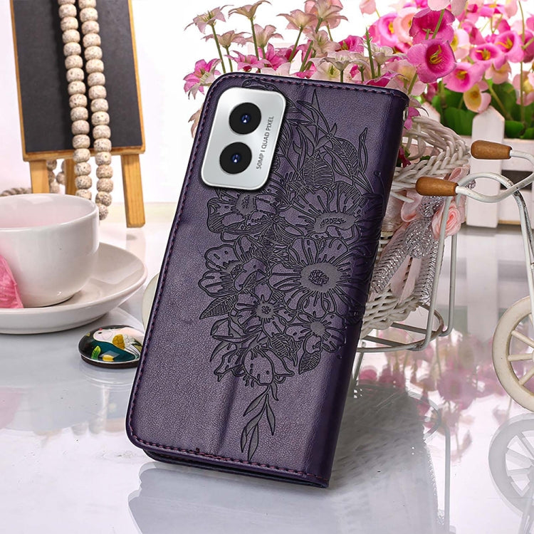 For Motorola Moto G Play 4G 2024 Embossed Butterfly Leather Phone Case(Dark Purple) - Motorola Cases by PMC Jewellery | Online Shopping South Africa | PMC Jewellery | Buy Now Pay Later Mobicred