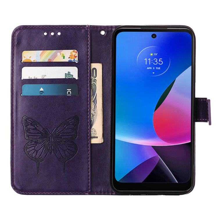 For Motorola Moto G Play 4G 2024 Embossed Butterfly Leather Phone Case(Dark Purple) - Motorola Cases by PMC Jewellery | Online Shopping South Africa | PMC Jewellery | Buy Now Pay Later Mobicred