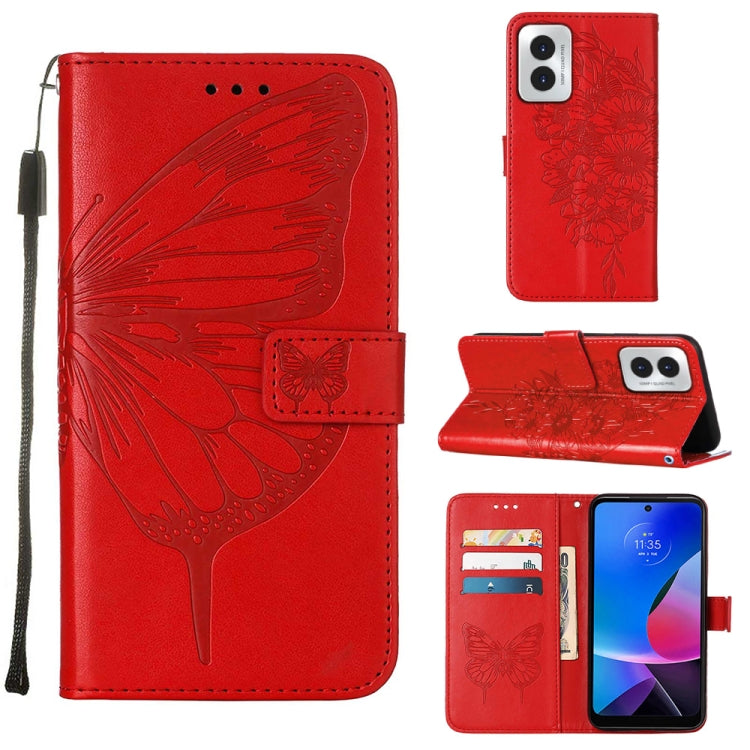 For Motorola Moto G Play 4G 2024 Embossed Butterfly Leather Phone Case(Red) - Motorola Cases by PMC Jewellery | Online Shopping South Africa | PMC Jewellery | Buy Now Pay Later Mobicred