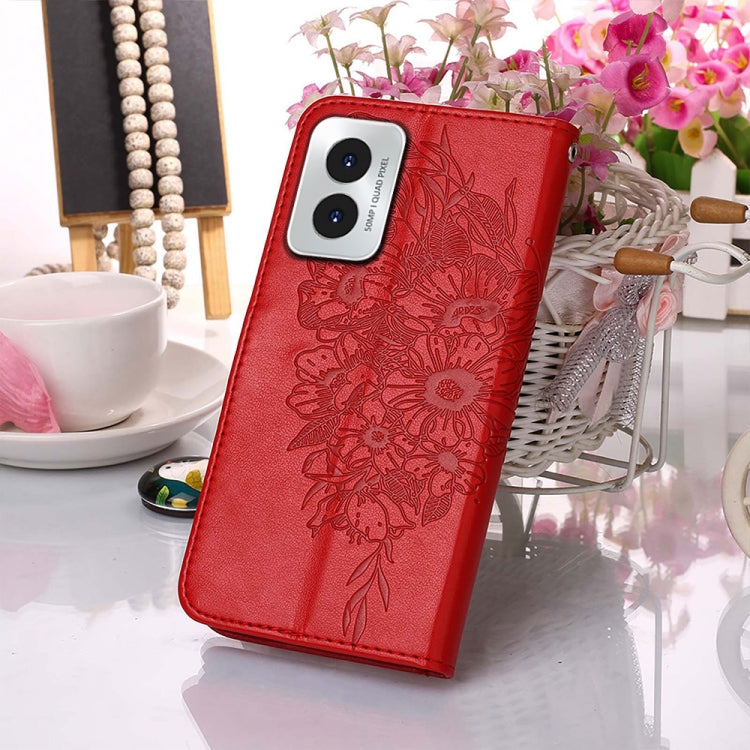 For Motorola Moto G Play 4G 2024 Embossed Butterfly Leather Phone Case(Red) - Motorola Cases by PMC Jewellery | Online Shopping South Africa | PMC Jewellery | Buy Now Pay Later Mobicred