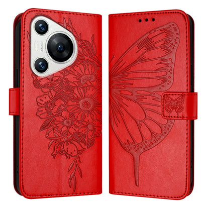 For Huawei Pura 70 Embossed Butterfly Leather Phone Case(Red) - Huawei Cases by PMC Jewellery | Online Shopping South Africa | PMC Jewellery | Buy Now Pay Later Mobicred