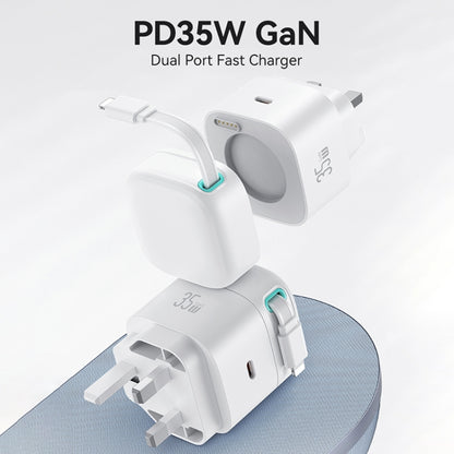 USAMS US-CC211 SMF Series PD35W 8 Pin + Type-C Dual Port GaN Fast Charger, UK Plug(White) - USB Charger by USAMS | Online Shopping South Africa | PMC Jewellery | Buy Now Pay Later Mobicred