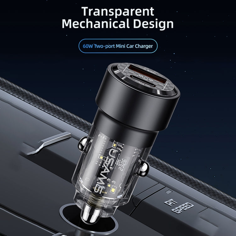 USAMS US-CC208 C39 60W USB + Type-C Dual Port Fast Charging Aluminum Alloy Transparent Car Charger(Black) - Car Charger by USAMS | Online Shopping South Africa | PMC TechLife | Buy Now Pay Later Mobicred