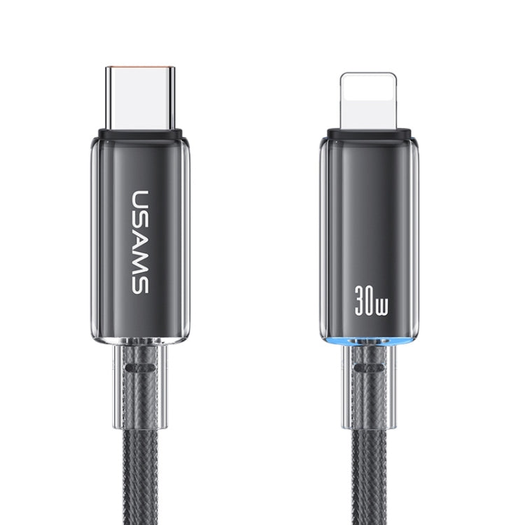USAMS Type-C To 8 Pin Aluminum Alloy Clear LED 30W PD Fast Charge Data Cable, Length:1.2m(Black) - free shipping - PMC Jewellery - Order now!