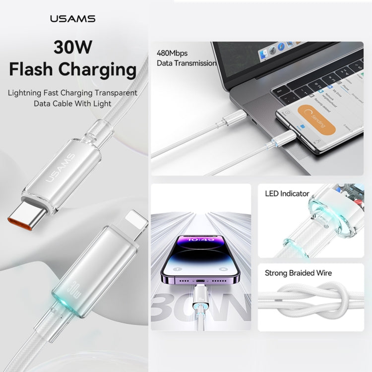 USAMS Type-C To 8 Pin Aluminum Alloy Clear LED 30W PD Fast Charge Data Cable, Length:1.2m(Black) - free shipping - PMC Jewellery - Order now!