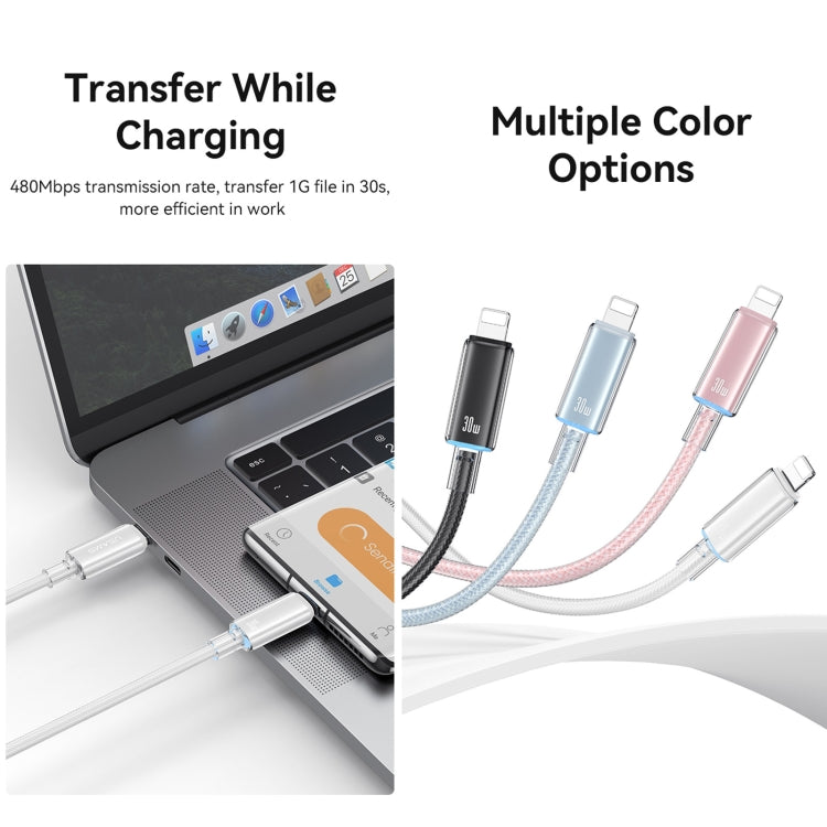 USAMS Type-C To 8 Pin Aluminum Alloy Clear LED 30W PD Fast Charge Data Cable, Length:1.2m(Black) - free shipping - PMC Jewellery - Order now!