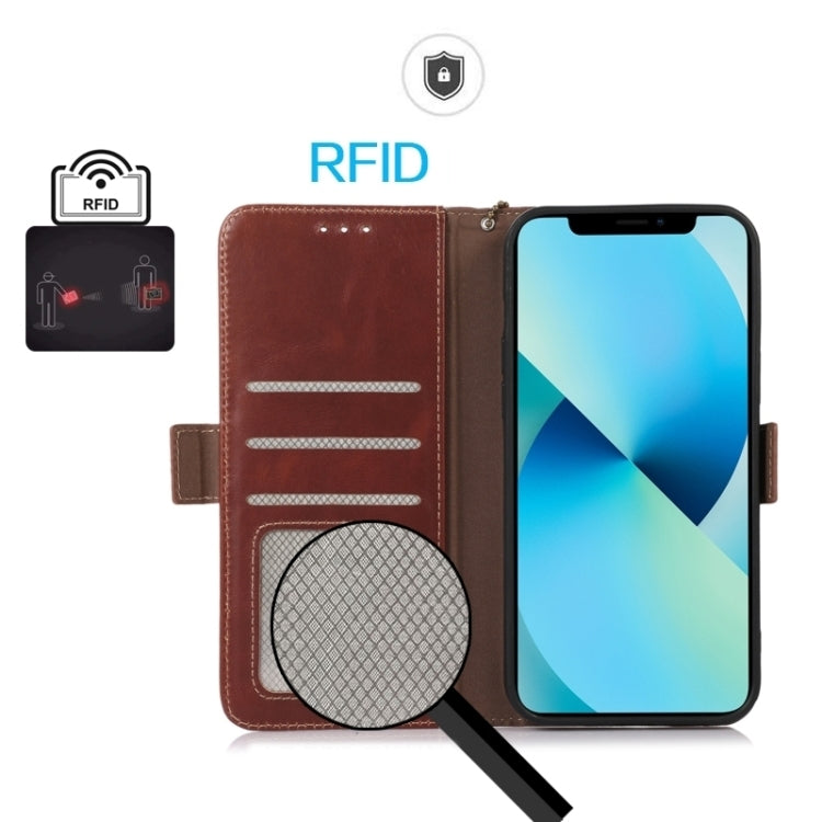 For Xiaomi Redmi 13C 4G/5G/Poco C65/Poco M6 Magnetic Crazy Horse Texture Genuine Leather RFID Phone Case(Brown) - Xiaomi Cases by PMC TechLife | Online Shopping South Africa | PMC TechLife | Buy Now Pay Later Mobicred