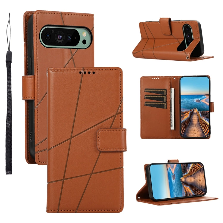 For Google Pixel 9 PU Genuine Leather Texture Embossed Line Phone Case(Brown) - Google Cases by PMC Jewellery | Online Shopping South Africa | PMC Jewellery | Buy Now Pay Later Mobicred