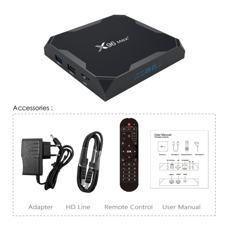X96 max+ 4K Smart TV Box with Remote Control, Android 9.0, Amlogic S905X3 Quad-Core Cortex-A55,2GB+16GB, Support LAN, AV, 2.4G/5G WiFi, USBx2,TF Card, EU Plug - Amlogic S905 by PMC TechLife | Online Shopping South Africa | PMC TechLife | Buy Now Pay Later Mobicred