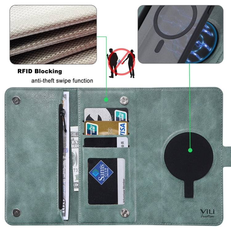 For iPhone 15 Pro Max ViLi GV Series MagSafe Magnetic Zipper Leather Phone Case(Green) - free shipping - PMC Jewellery - Order now!