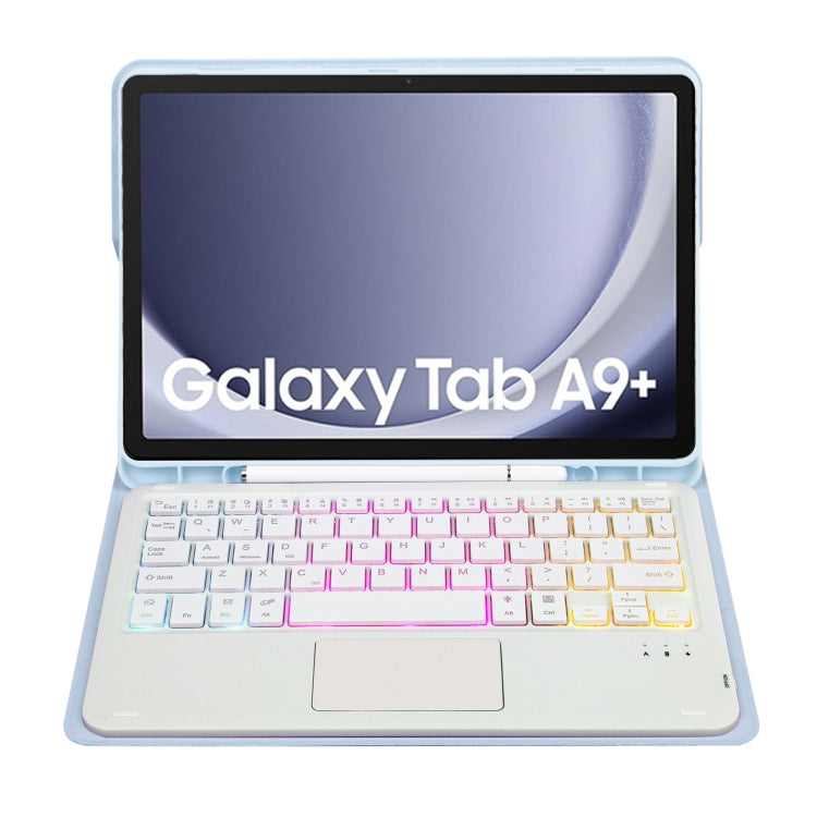 For Samsung Galaxy Tab A9+ X210/X215/X215 A09B-AS Candy Color Touch Backlight Bluetooth Keyboard Leather Tablet Case with Pen Holder(Ice Blue) - Samsung Keyboard by PMC TechLife | Online Shopping South Africa | PMC TechLife