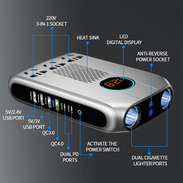 Ozio K30-S 12V 300W Smart Car LED Digital Display Power Inverter Converter, High-end Sedan Version(Silver) - Modified Square Wave by ozio | Online Shopping South Africa | PMC Jewellery | Buy Now Pay Later Mobicred