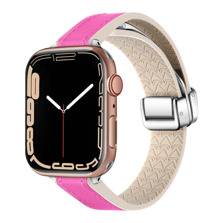 For Apple Watch SE 2023 44mm Magnetic Folding Leather Silicone Watch Band(Rose Red) - Watch Bands by PMC TechLife | Online Shopping South Africa | PMC TechLife