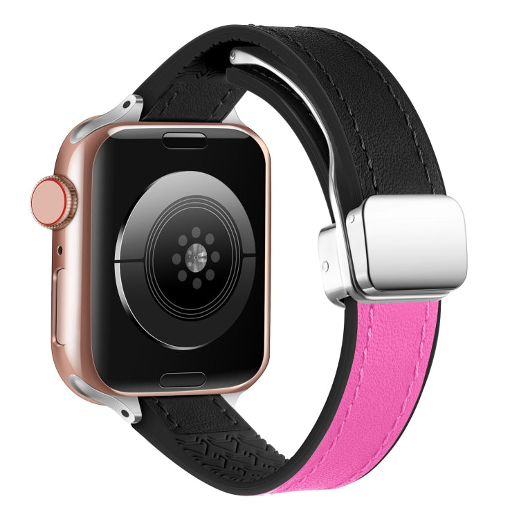 For Apple Watch Ultra 2 49mm Magnetic Folding Leather Silicone Watch Band(Rose Pink on Black) - Watch Bands by PMC TechLife | Online Shopping South Africa | PMC TechLife | Buy Now Pay Later Mobicred