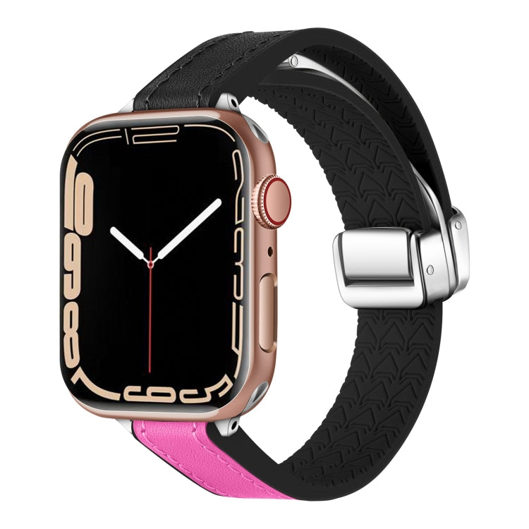 For Apple Watch Series 9 45mm Magnetic Folding Leather Silicone Watch Band(Black Rose Red) - Watch Bands by PMC Jewellery | Online Shopping South Africa | PMC Jewellery