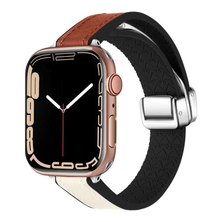 For Apple Watch Series 9 45mm Magnetic Folding Leather Silicone Watch Band(Starlight Brown) - Watch Bands by PMC Jewellery | Online Shopping South Africa | PMC Jewellery