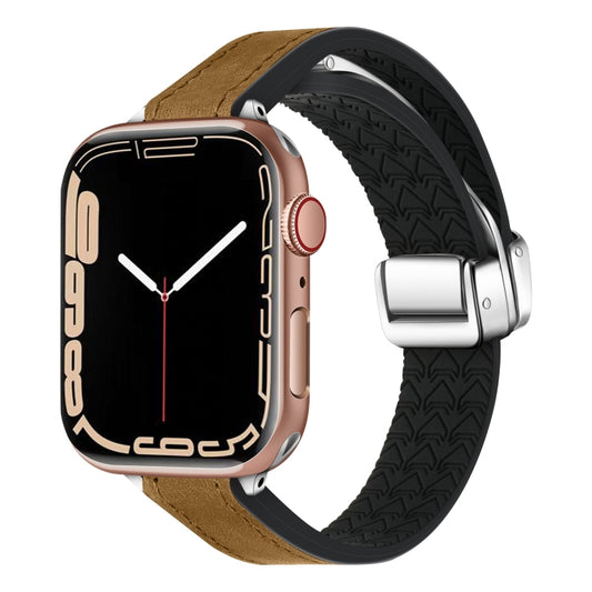 For Apple Watch Series 9 41mm Magnetic Folding Leather Silicone Watch Band(Crazy Horse Brown) - Watch Bands by PMC Jewellery | Online Shopping South Africa | PMC Jewellery