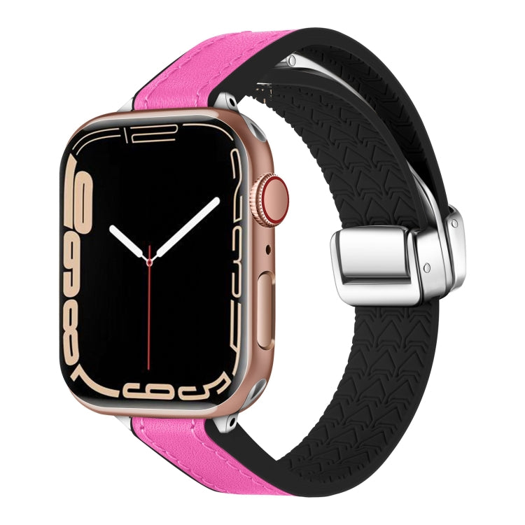 For Apple Watch Series 9 41mm Magnetic Folding Leather Silicone Watch Band(Rose Pink on Black) - Watch Bands by PMC Jewellery | Online Shopping South Africa | PMC Jewellery