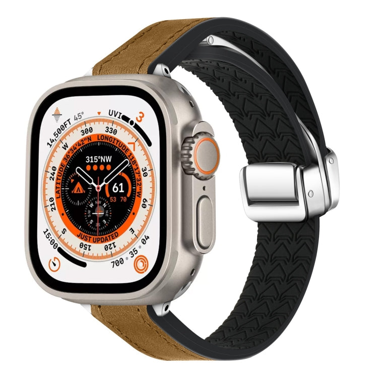 For Apple Watch Ultra 49mm Magnetic Folding Leather Silicone Watch Band(Crazy Horse Brown) - Watch Bands by PMC TechLife | Online Shopping South Africa | PMC TechLife | Buy Now Pay Later Mobicred