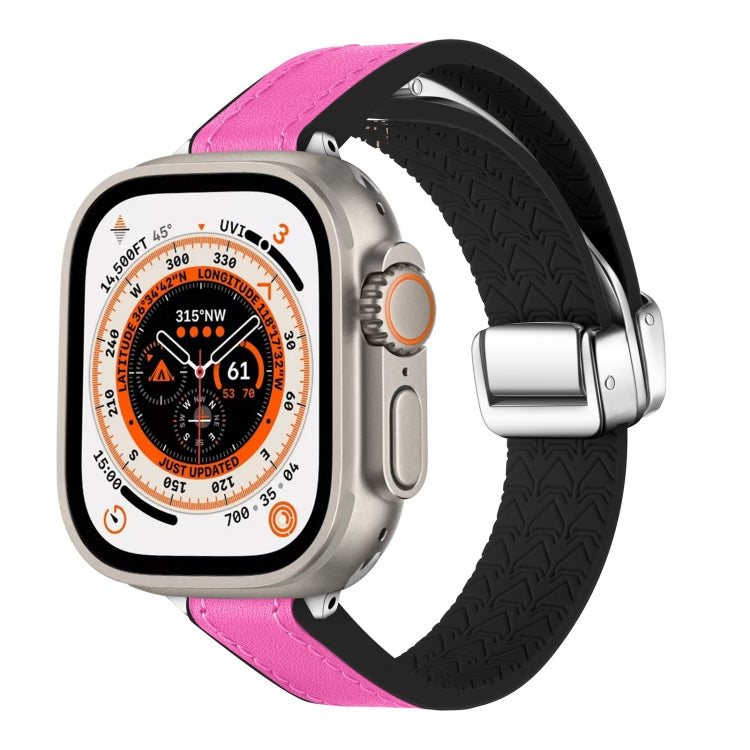 For Apple Watch Ultra 49mm Magnetic Folding Leather Silicone Watch Band(Rose Pink on Black) - Watch Bands by PMC TechLife | Online Shopping South Africa | PMC TechLife | Buy Now Pay Later Mobicred