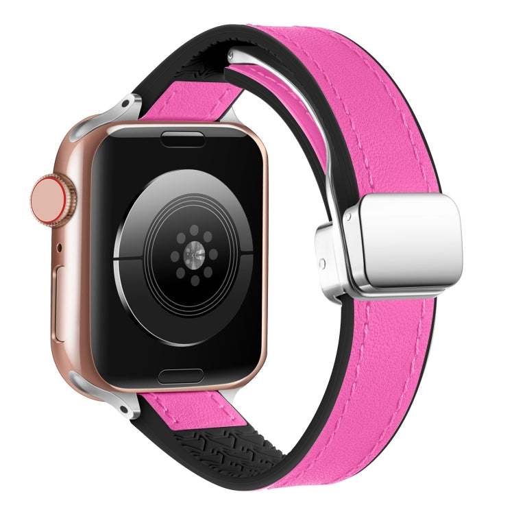 For Apple Watch Ultra 49mm Magnetic Folding Leather Silicone Watch Band(Rose Pink on Black) - Watch Bands by PMC TechLife | Online Shopping South Africa | PMC TechLife | Buy Now Pay Later Mobicred