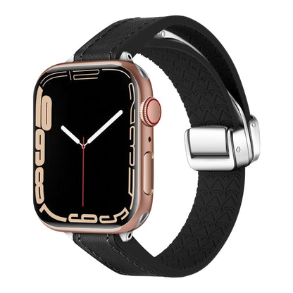 For Apple Watch Series 8 45mm Magnetic Folding Leather Silicone Watch Band(Napa Black) - Watch Bands by PMC Jewellery | Online Shopping South Africa | PMC Jewellery