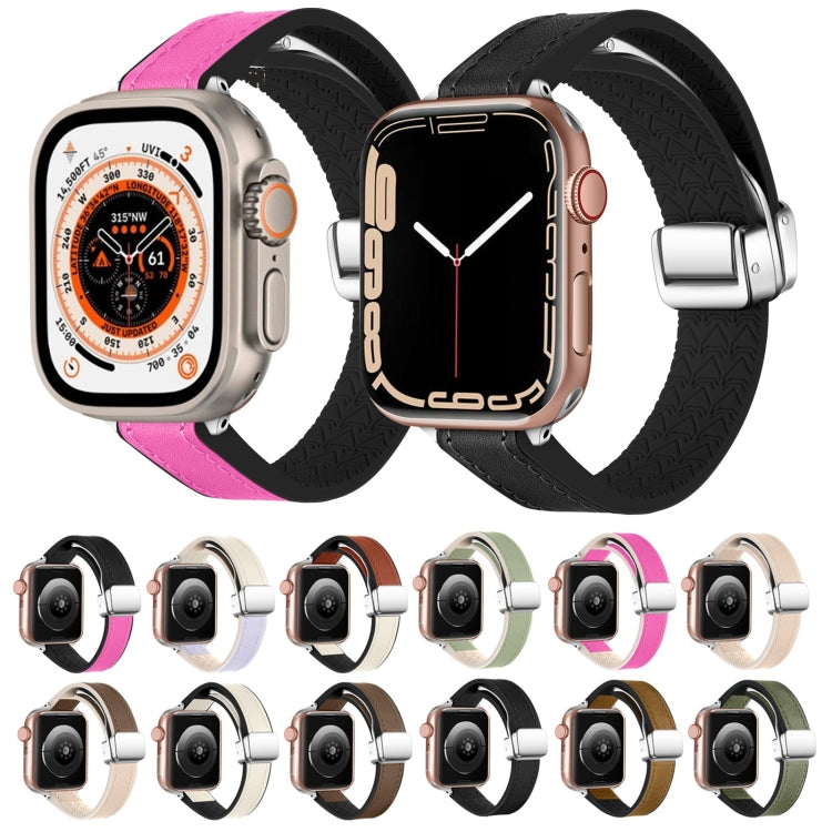 For Apple Watch SE 2022 44mm Magnetic Folding Leather Silicone Watch Band(Napa Black) - Watch Bands by PMC Jewellery | Online Shopping South Africa | PMC Jewellery