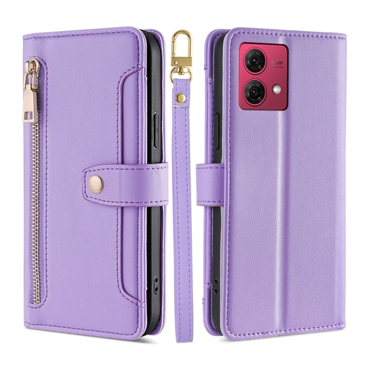 For Motorola Moto G84 5G Lite Sheep Texture Cross-body Zipper Wallet Leather Phone Case(Purple) - Motorola Cases by PMC TechLife | Online Shopping South Africa | PMC TechLife | Buy Now Pay Later Mobicred