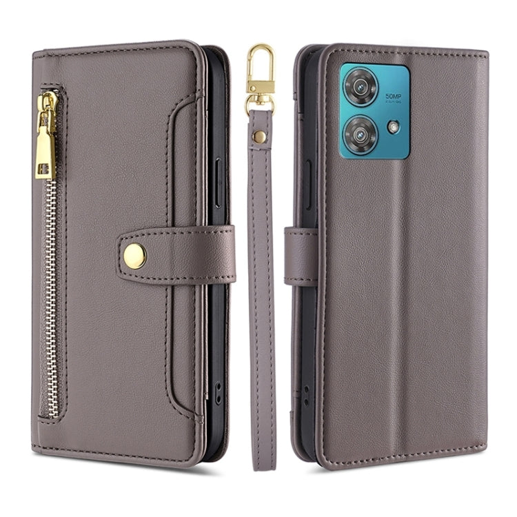 For Motorola Edge 40 Neo 5G Lite Sheep Texture Cross-body Zipper Wallet Leather Phone Case(Grey) - Motorola Cases by PMC TechLife | Online Shopping South Africa | PMC TechLife | Buy Now Pay Later Mobicred